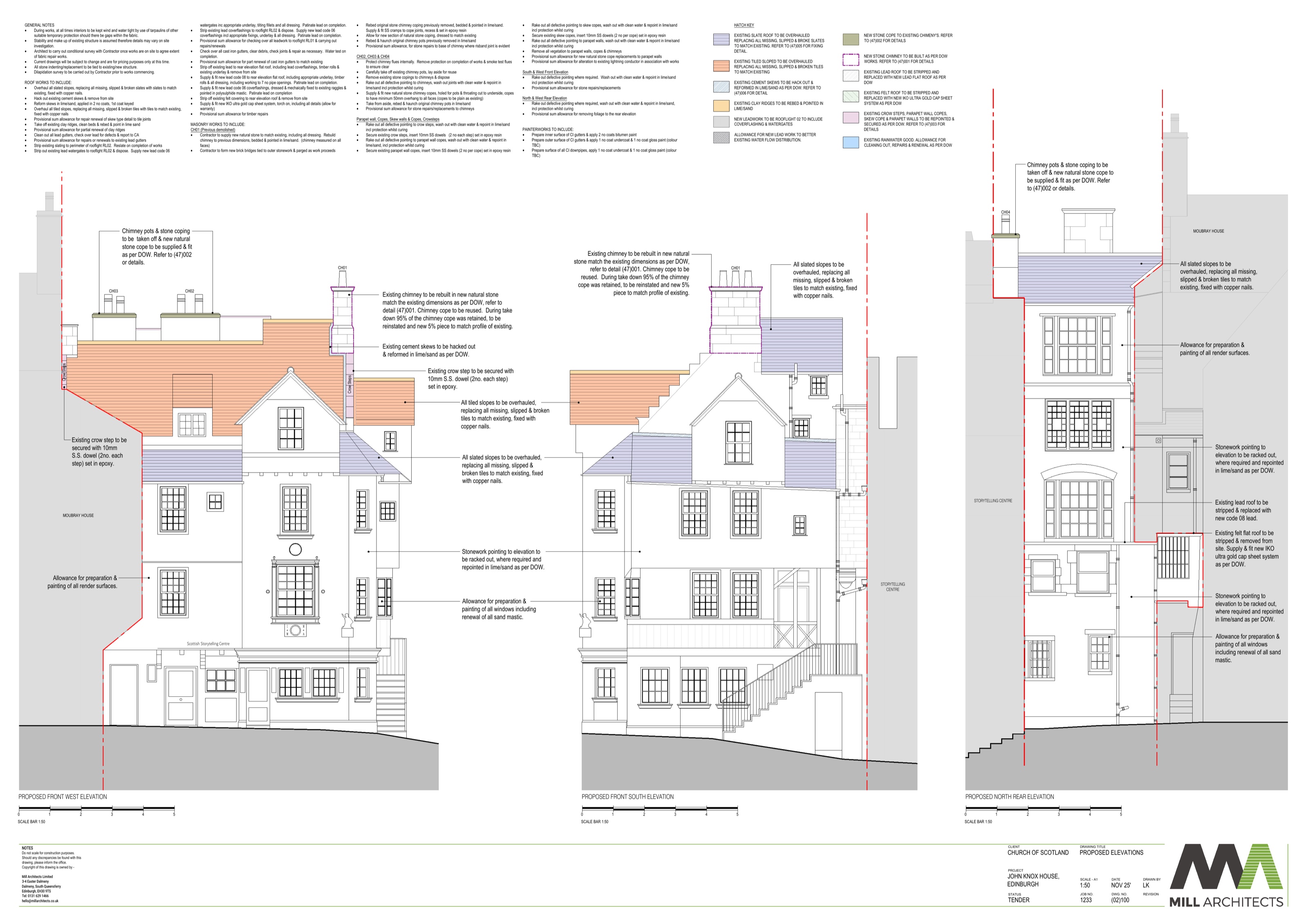 Proposed front west, front south and north rear elevations for external repairs at John Knox House, Edinburgh